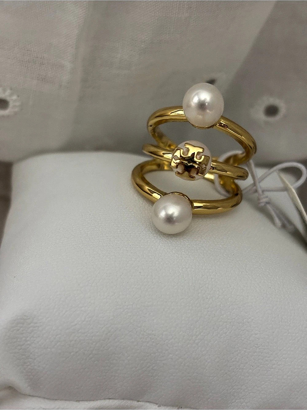 Size 9 Tory Burch Pearl Double Band Ring in Gold